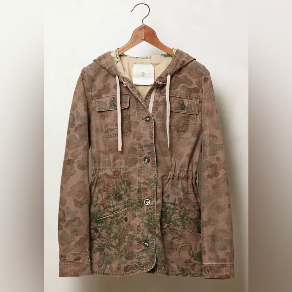 ANTHROPOLOGIE Hei Hei Floral Fatigue Jacket Camo Hooded Canvas Coat Size XS